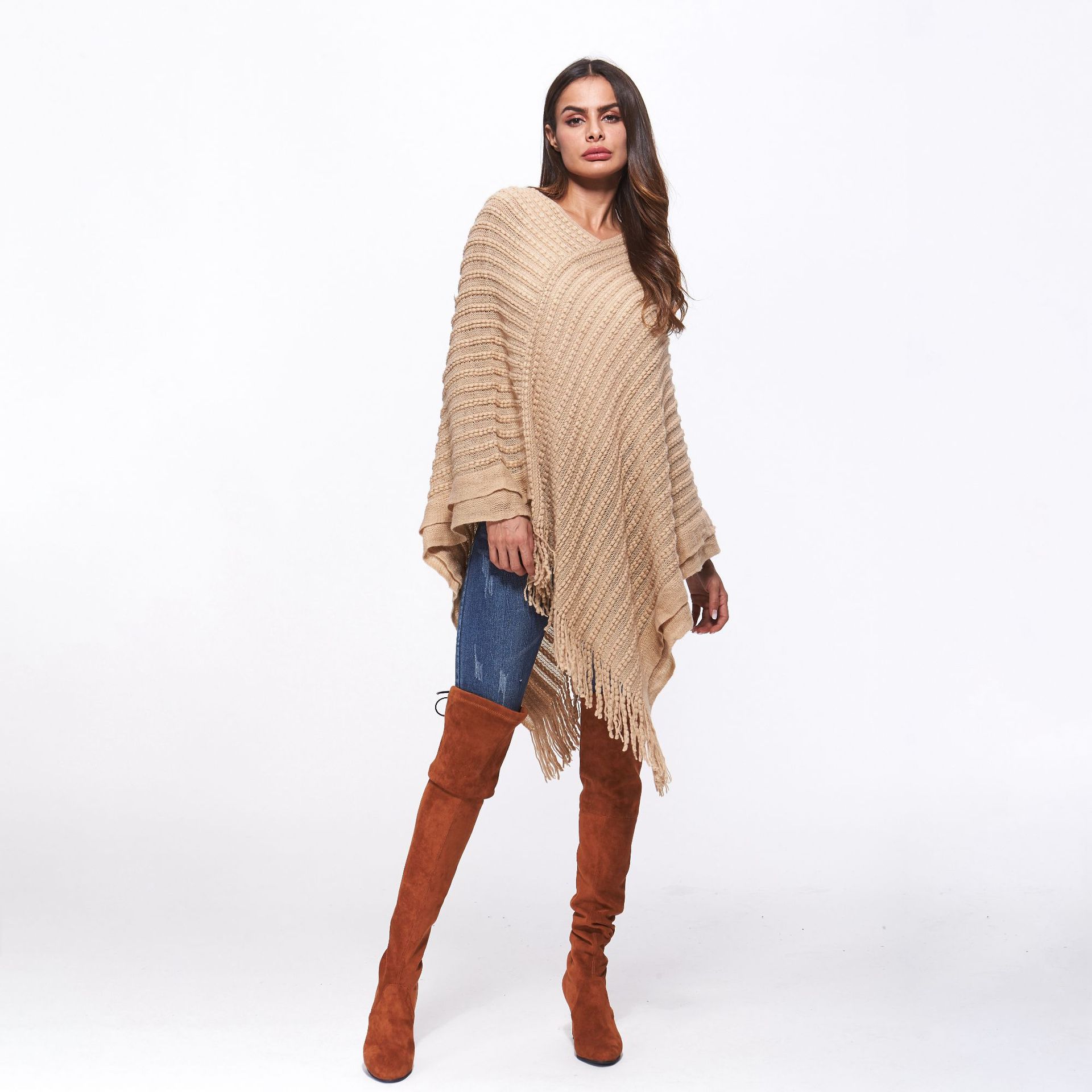 SZ60183-2 Loose Style Tassels Knit Irregular Cloak Sweater